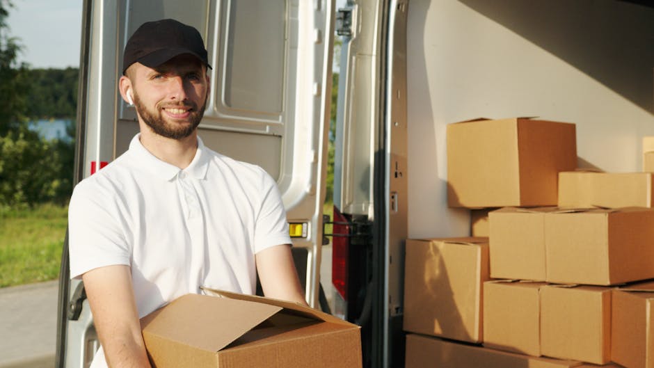 A man with a beard, wearing a red baseball cap backwards, a beige and brown jacket over a blue checkered shirt, and grey gloves, is sitting at the back of a moving van with open sliding doors. The van