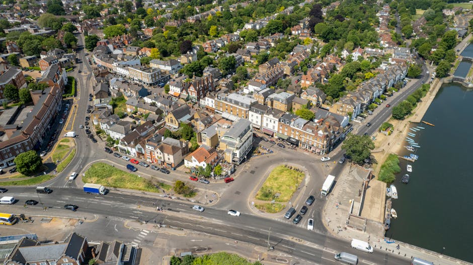 Aerial black and white photograph of a suburban neighbourhood showing rows of houses with pitched roofs and outdoor gardens, lined along a quiet street with trees and greenery. The houses are closely